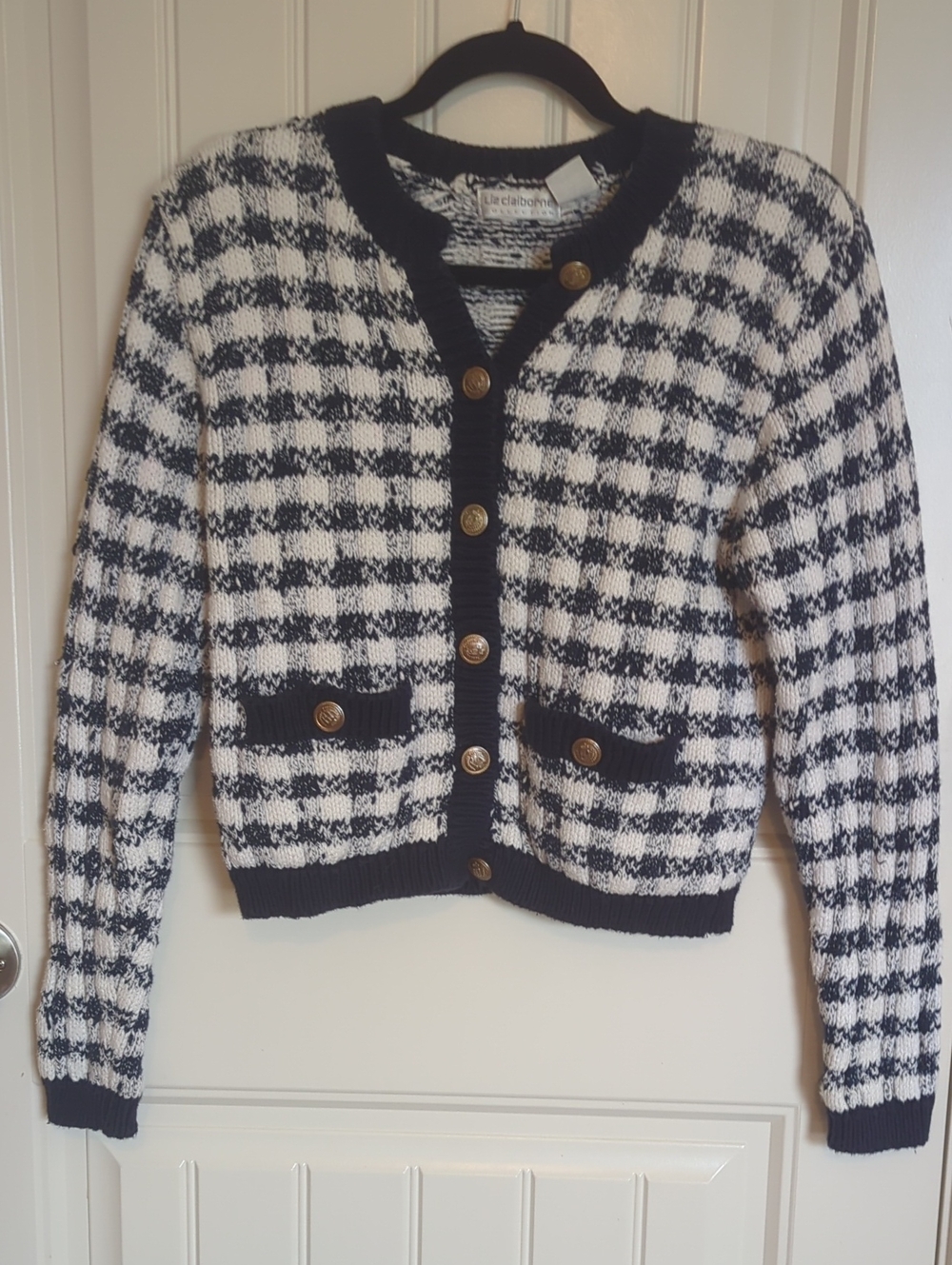 Vintage Liz Claiborne Navy and White Knit Houndstooth Cardigan with Gold Buttons